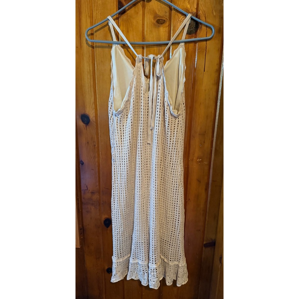 Boho knit Crochet Staccato Dress Tie StrapSleeveless Tan Resort Vacay Size Large - Picture 2 of 5